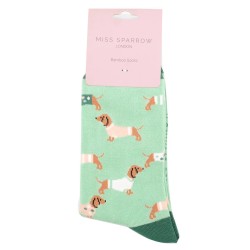 Miss Sparrow Damen Bambussocken – Lustiges Dackel Motiv – Mint & Grün – Größe 36-41