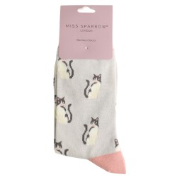 Miss Sparrow Damen Bambussocken – Lustiges Katzen Motiv – Hellblau & Gelb – Größe 36-41