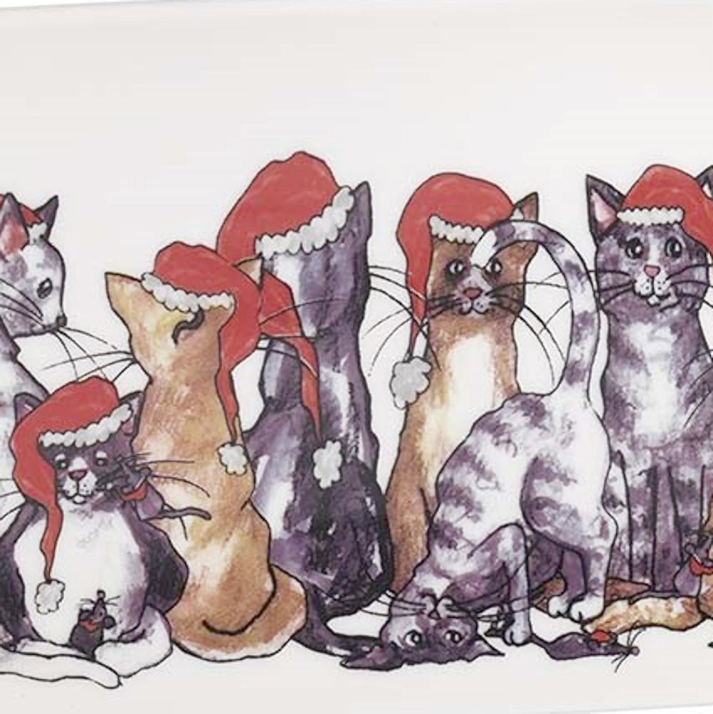 Camilla Ståhl Design Tablett Katzen mit Weihnachtsmützen schwedische Illustration