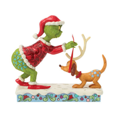 Jim Shore Figur: Der Grinch bindet seinem Hund Max ein Rentiergeweih um – handbemalt